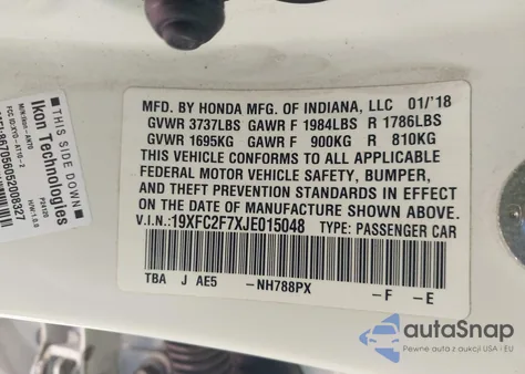 2018 Honda Civic Ex z USA, uszkodzony, nr VIN 19XFC2F7XJE015048